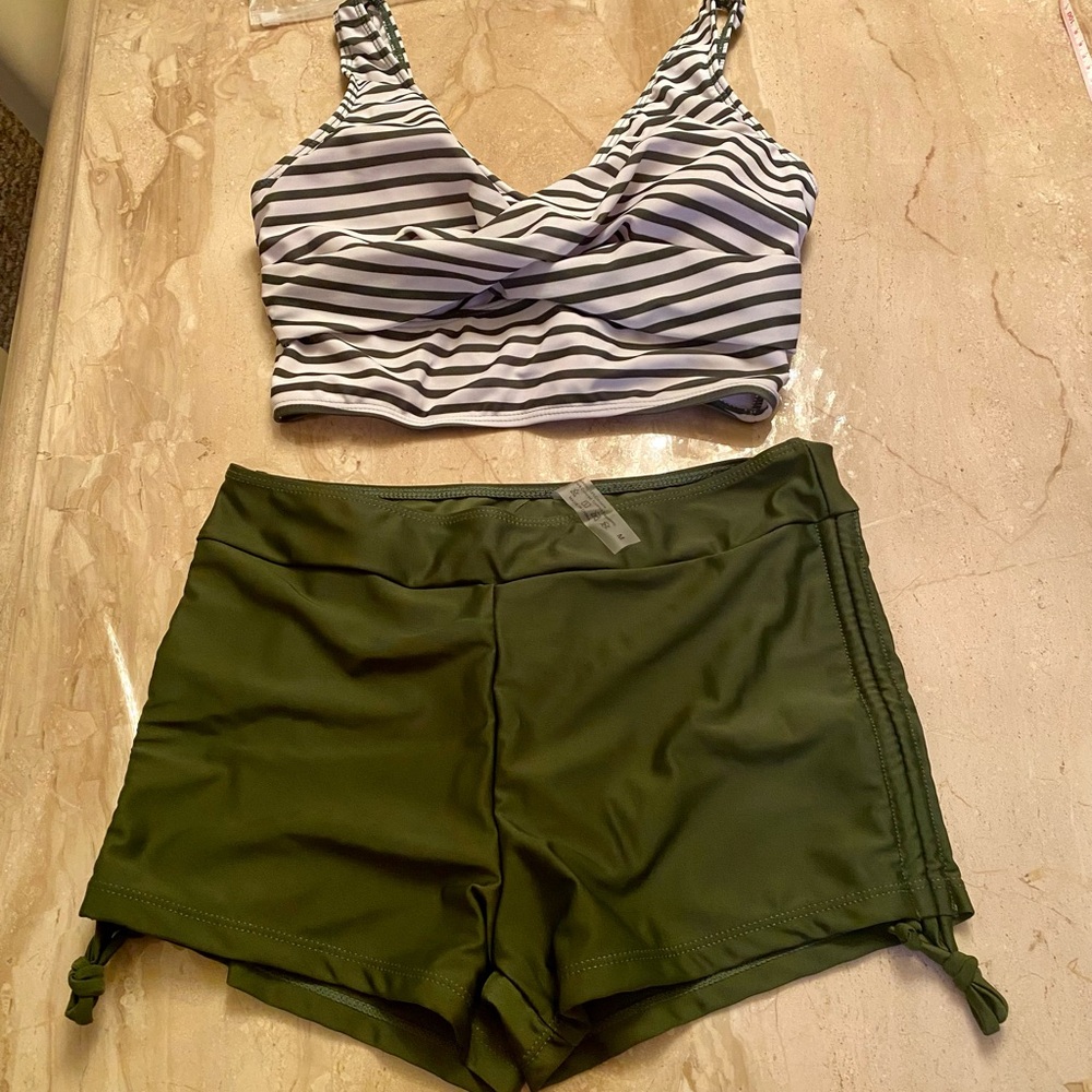 Striped V-Neck Swim Top & Olive Swim Shorts Set